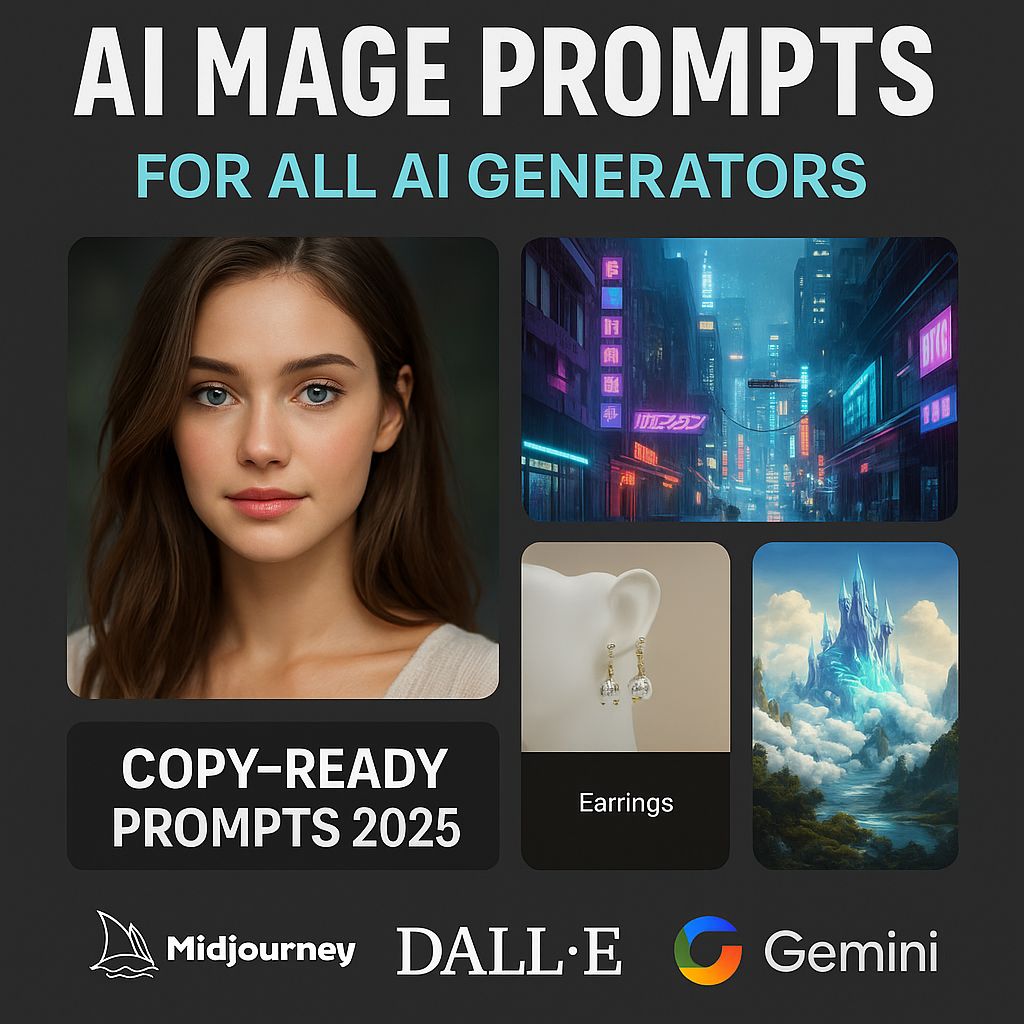 Free AI image prompts preview banner for Midjourney, DALL·E, Gemini, Stable Diffusion with sample portrait, product, fantasy and cyberpunk images.