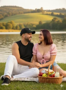 Realistic couple picnic photo