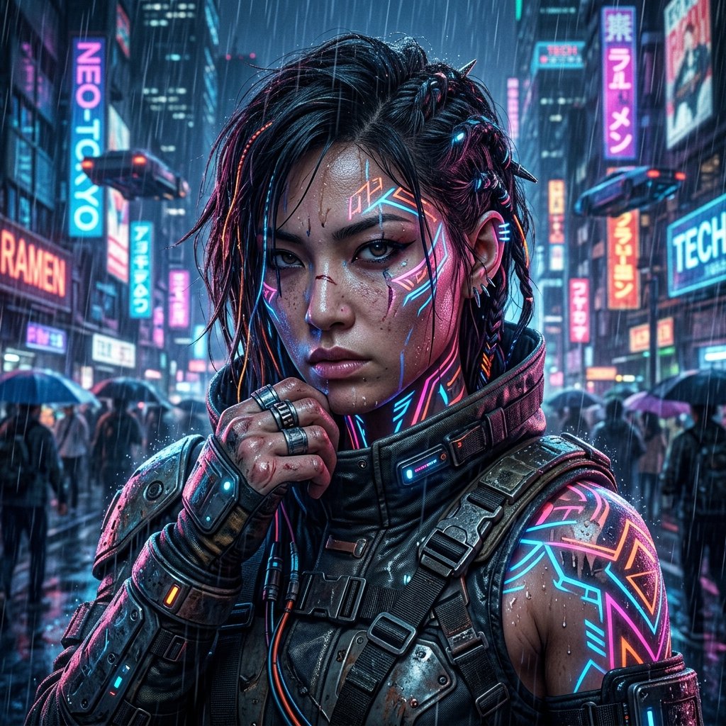 Hyper-realistic close-up portrait of a futuristic cyberpunk warrior woman with neon glowing tribal tattoos