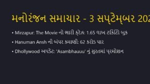 આજના મનોરંજન સમાચાર: બોલીવુડ અને ઢોલીવુડ અપડેટ્સ (3 સપ્ટેમ્બર 2026)